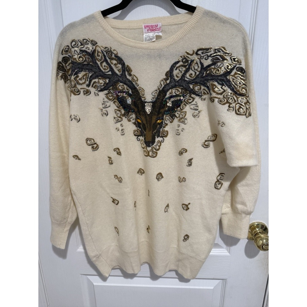 Vivien‎ Forest Vintage Sweater L Lambswool Angora Blend Deer Stag Beaded